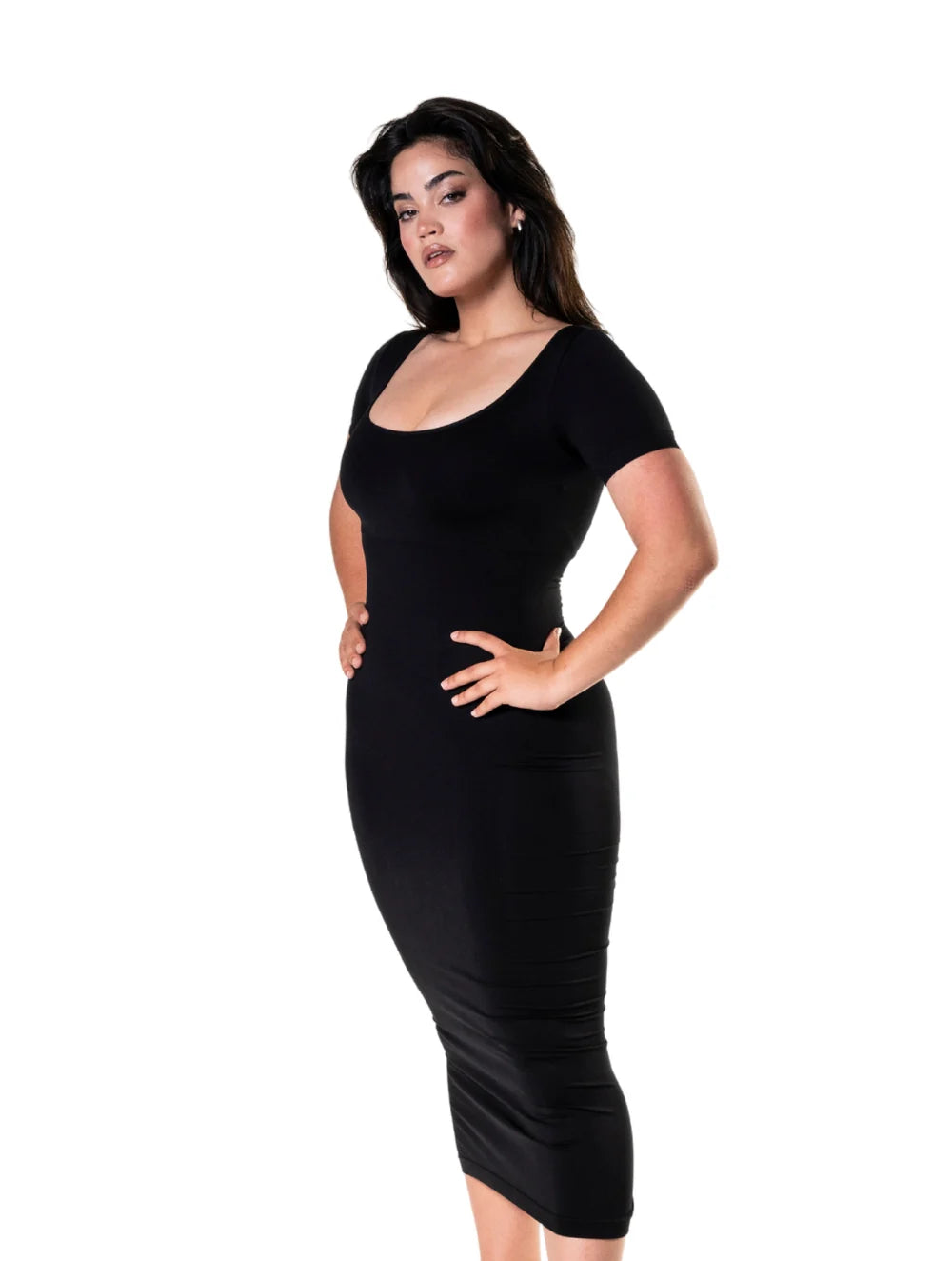 Bodycon Shapewear Midi Slit Dress with Short Sleeves