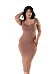 Bodycon Shapewear Midi Slit Dress with Short Sleeves