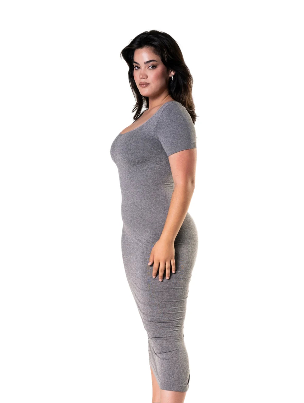 Bodycon Shapewear Midi Slit Dress with Short Sleeves