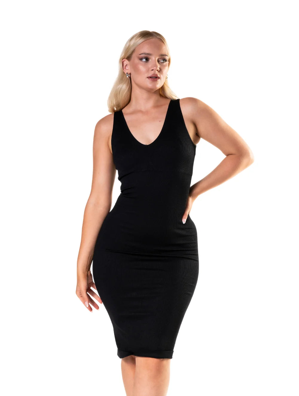 Deep V-Neck Seamless Midi Dress