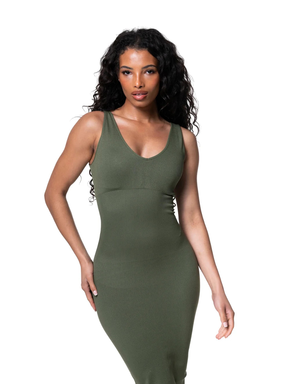 Deep V-Neck Seamless Midi Dress